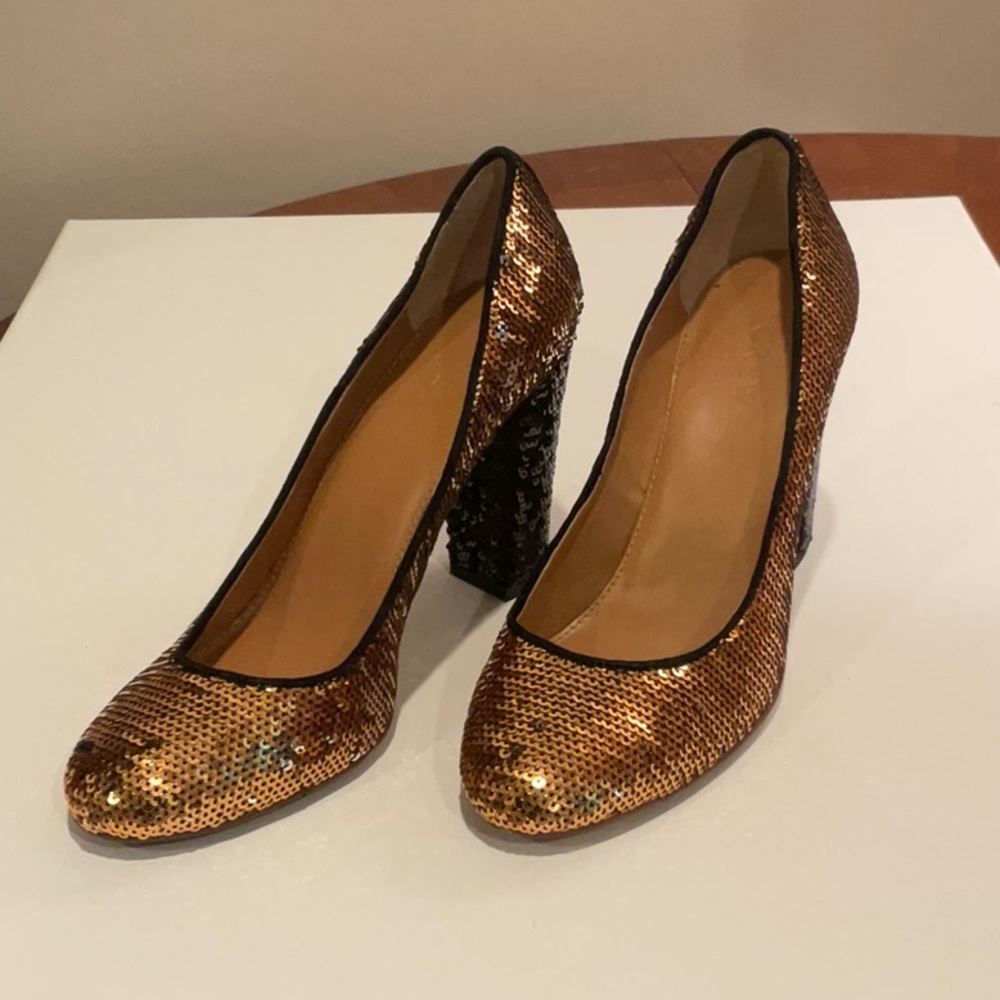 Gold/Black Sequined JCrew Heels. Size 7